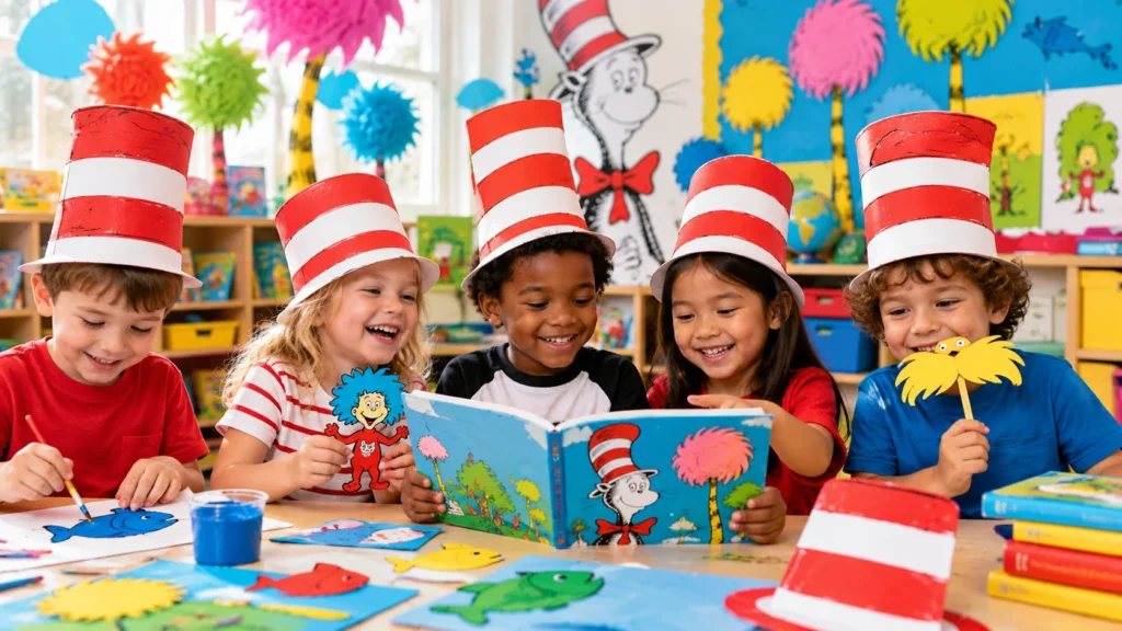 Preschool children wearing red-and-white striped hats while reading and making colorful Dr. Seuss-inspired crafts in a classroom.