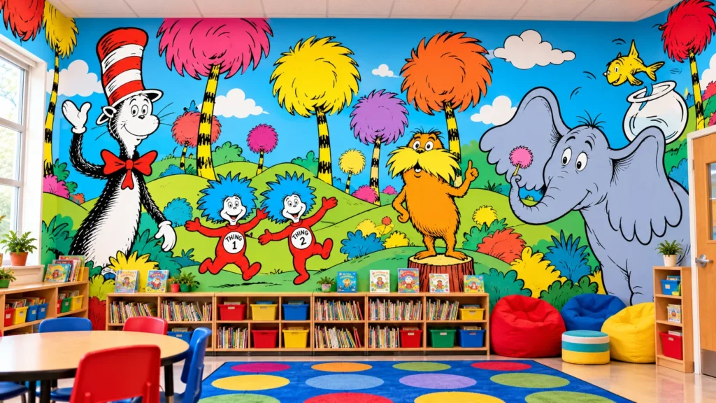 Colorful classroom wall mural featuring Cat in the Hat, Thing 1 and Thing 2, Lorax-inspired trees, and an elephant.