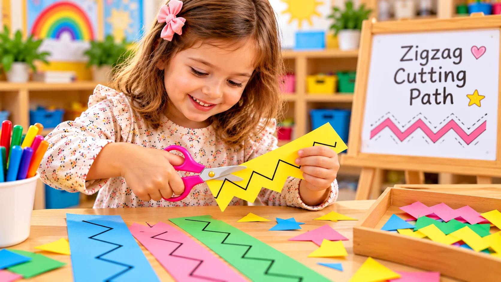 Preschool girl following a zigzag cutting path on yellow construction paper