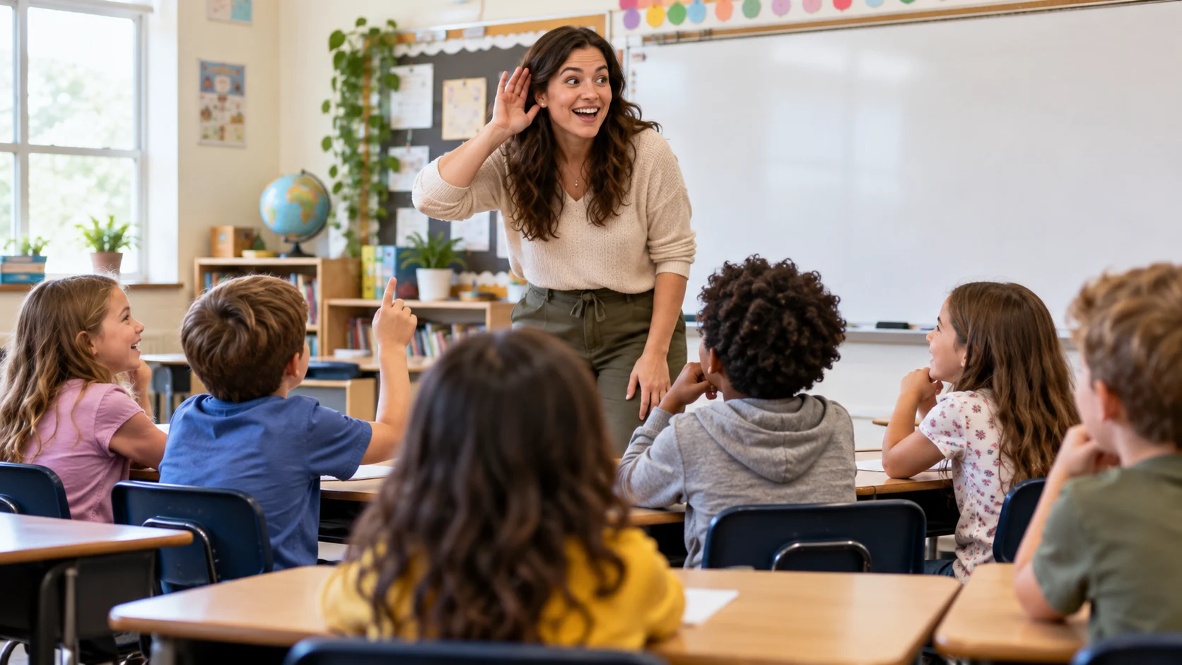 Elementary students enjoying a no-prep classroom activity with their teacher