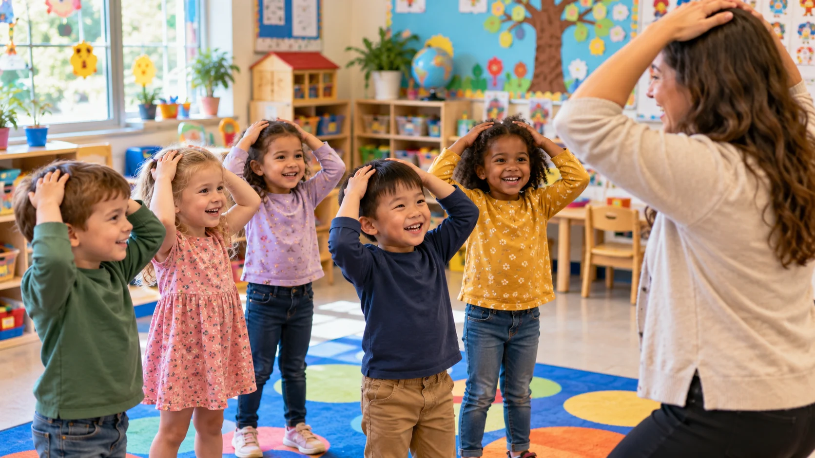 Kindergarten children copying their teacher's actions while playing Simon Says