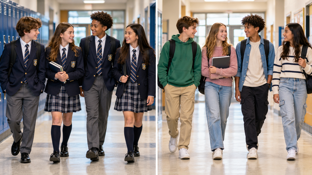 Side-by-side comparison of students wearing matching school uniforms and students wearing casual school clothes
