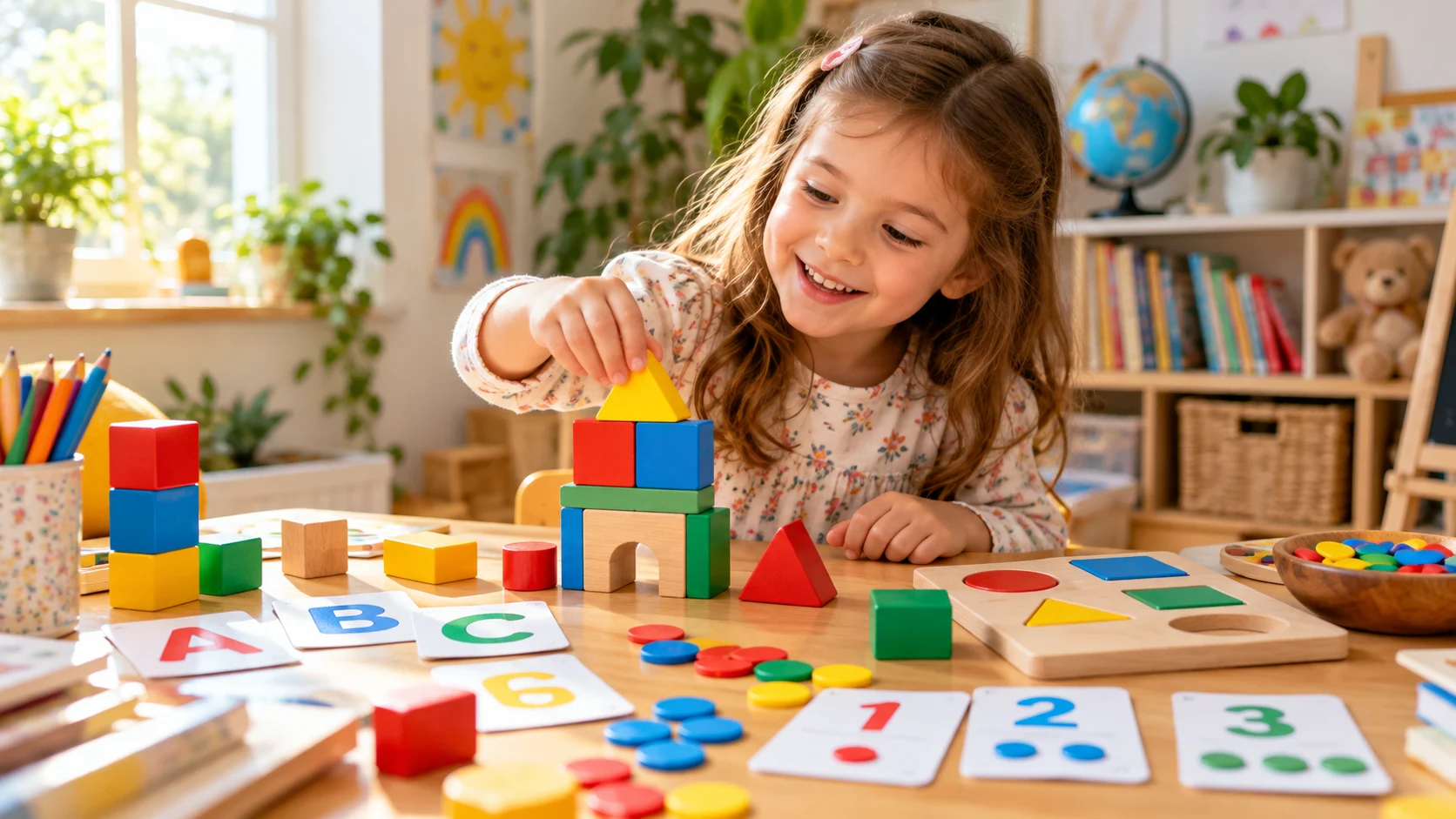 Kindergartener exploring alphabet cards, counting materials and colorful learning blocks