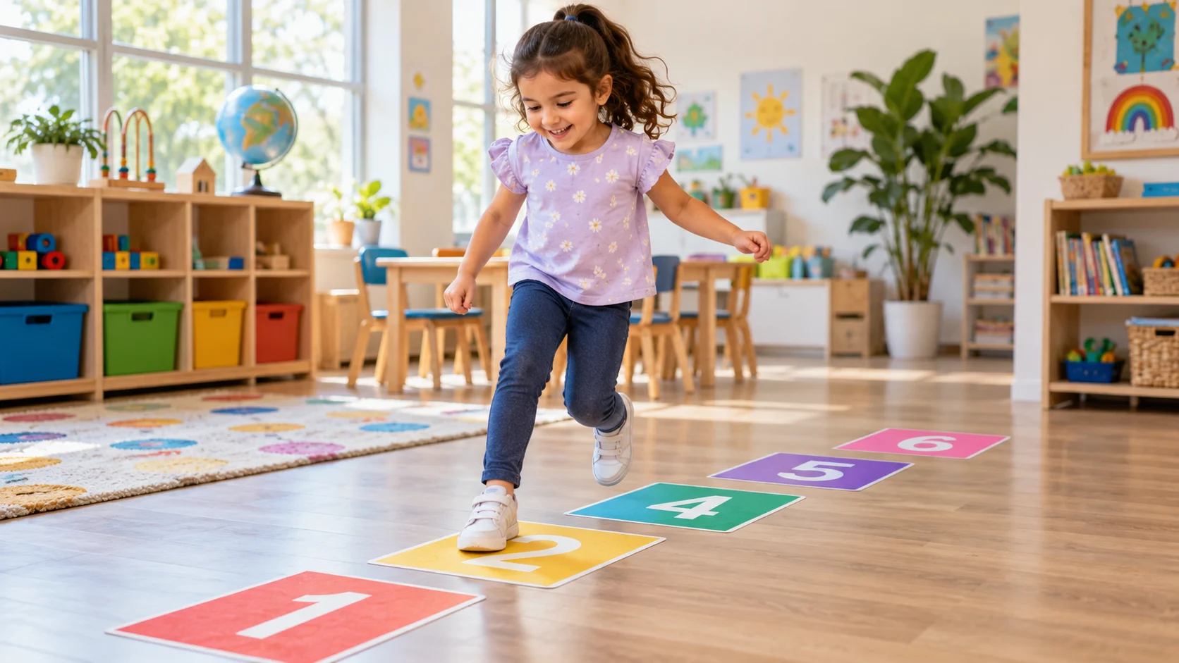 Five-year-old child stepping on large numbered floor cards while playing Number Hop