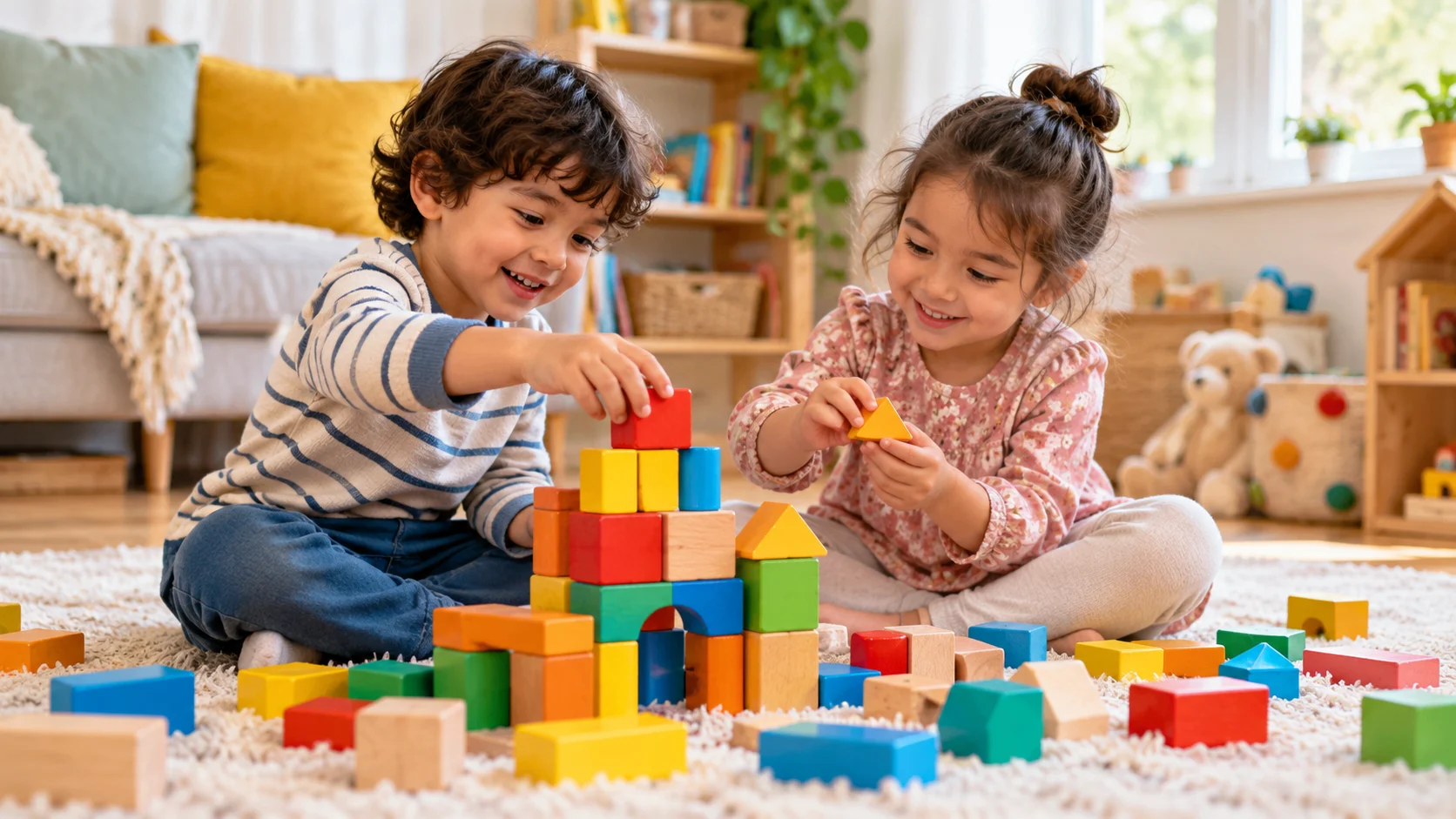 Two kindergarten children creatively building a structure with colorful toy blocks indoors