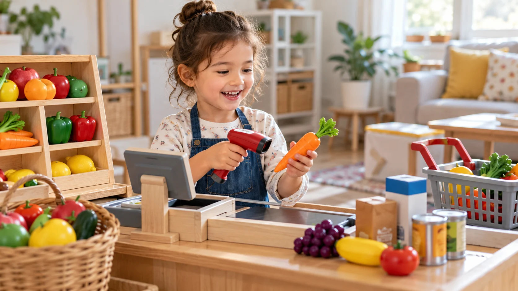 Five-year-old child pretending to be a grocery store cashier with toy vegetables and a shopping basket