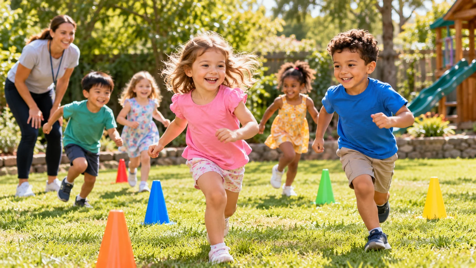 Kindergarten children enjoying active outdoor games on a sunny lawn with colorful cones