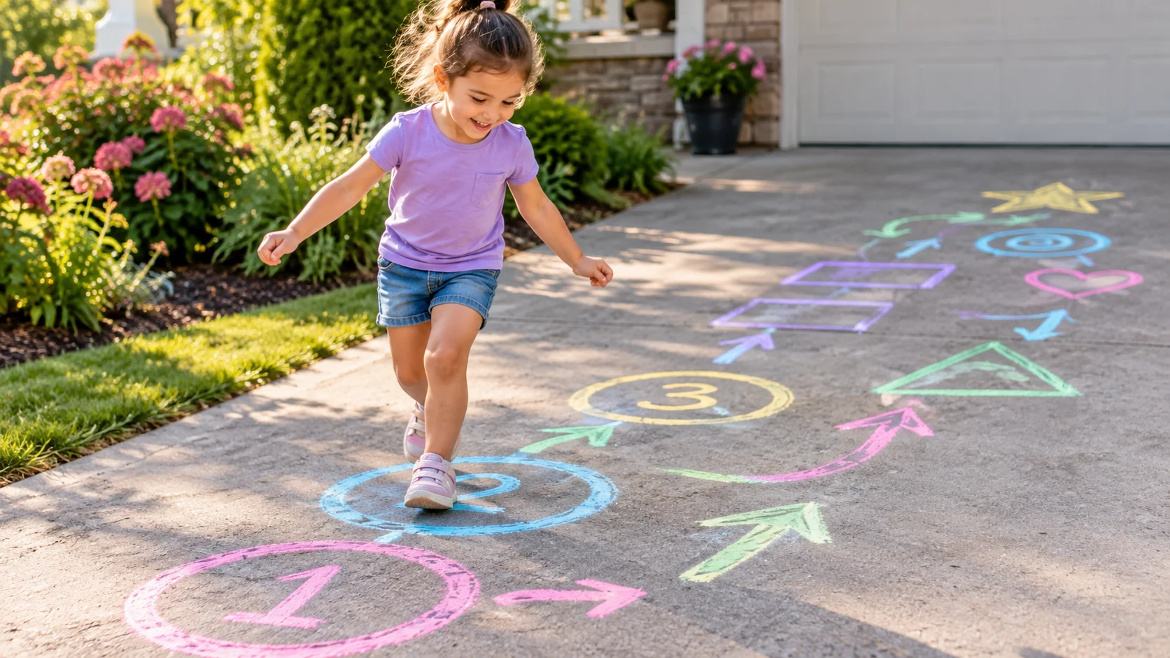 Kindergartener following a colorful sidewalk chalk trail with shapes, arrows and numbers