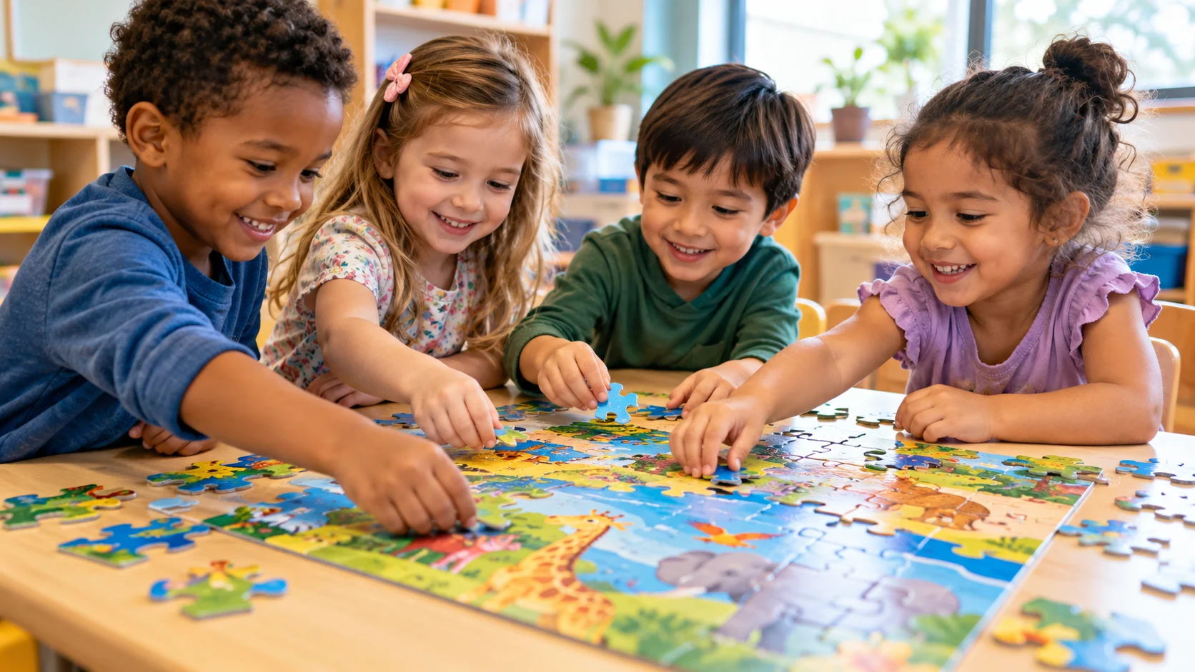Group of kindergarten children working cooperatively on a colorful jigsaw puzzle