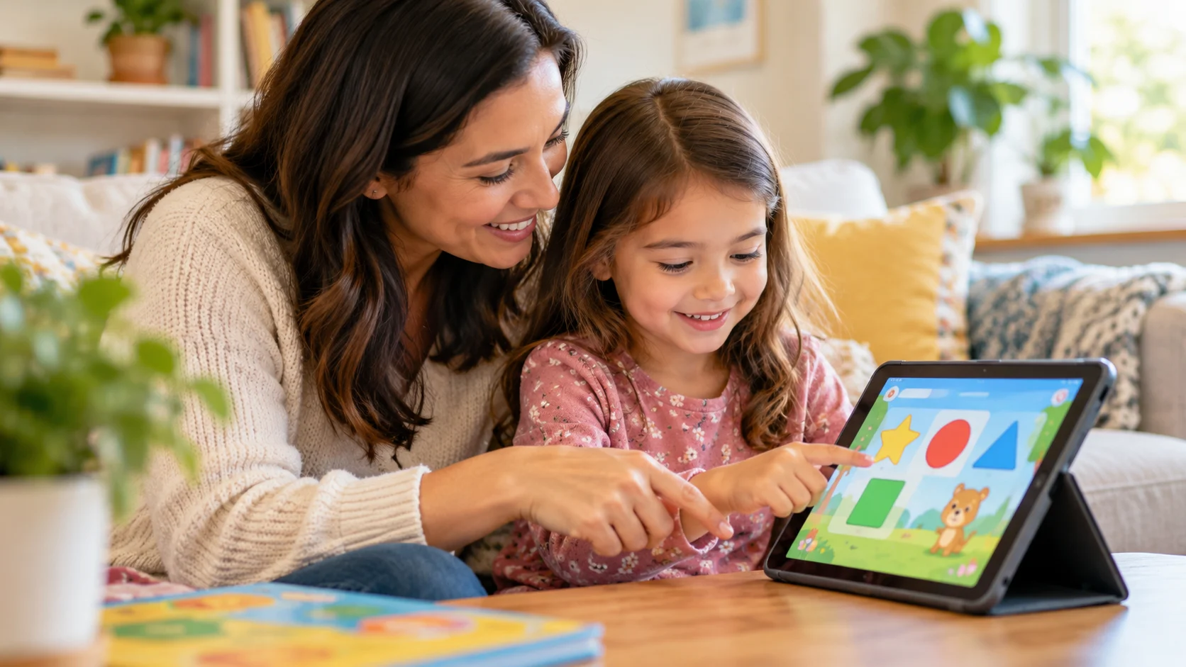 Mother helping a five-year-old child play an educational shape matching game on a tablet