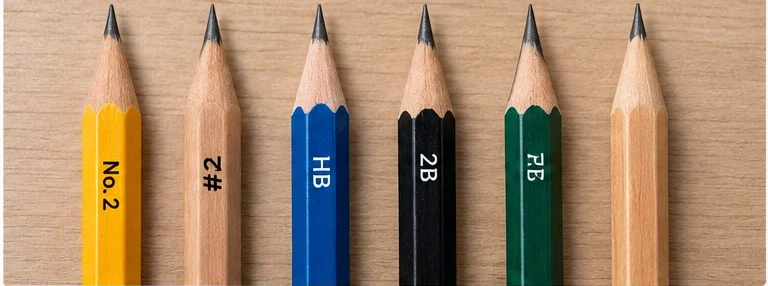Different wooden pencils with clearly visible number 2 and HB grade markings