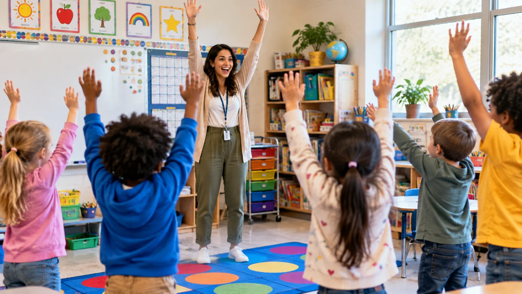 Elementary teacher and children raising their hands during Simon Says