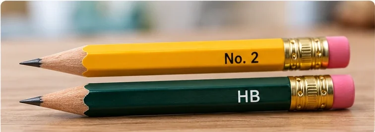 Side by side comparison of pencils marked No. 2 and HB