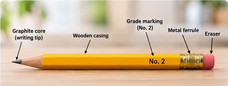 Number 2 wooden pencil showing graphite tip, wooden body, grade marking, metal ferrule and eraser