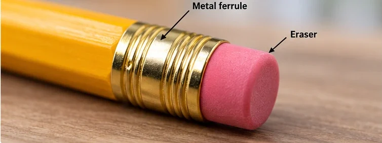 Close up of a pink pencil eraser attached to a wooden pencil with a metal ferrule