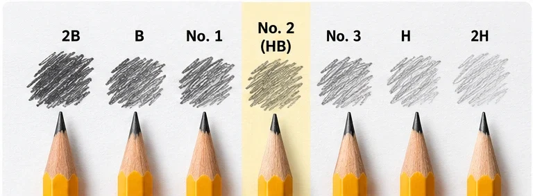 Graphite pencil grades compared with light and dark pencil strokes on white paper