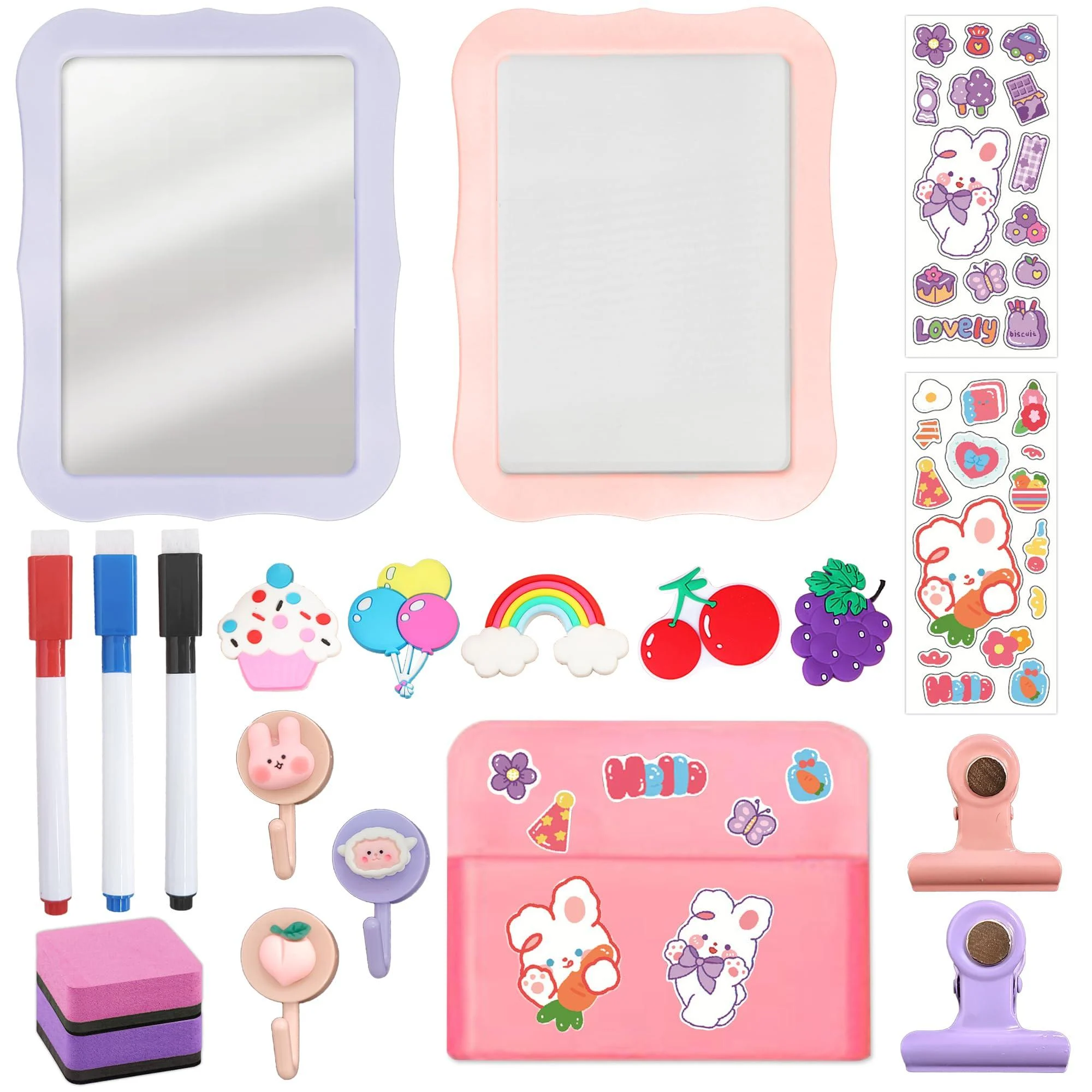 Cute pastel locker decoration accessories including small mirrors, colorful magnets, stickers, clips, and markers