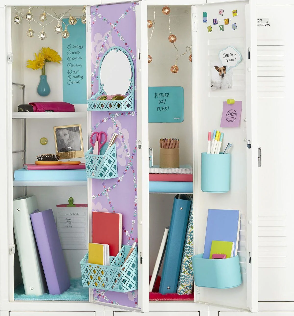 Organized school lockers featuring pastel folders, turquoise storage baskets, decorative lights, and reminder boards