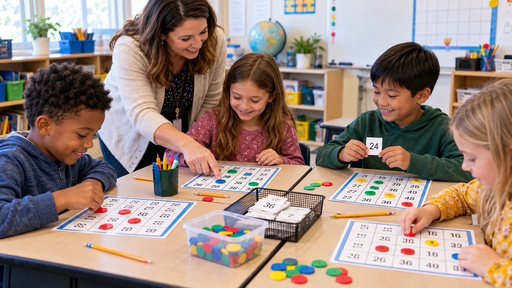 Students playing Math Bingo with number grids and colorful markers