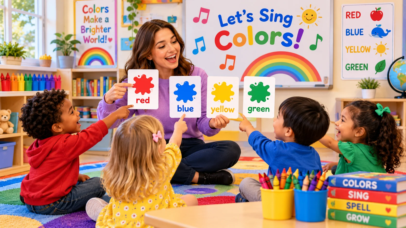 Kindergarten children learning colors through fun classroom songs
