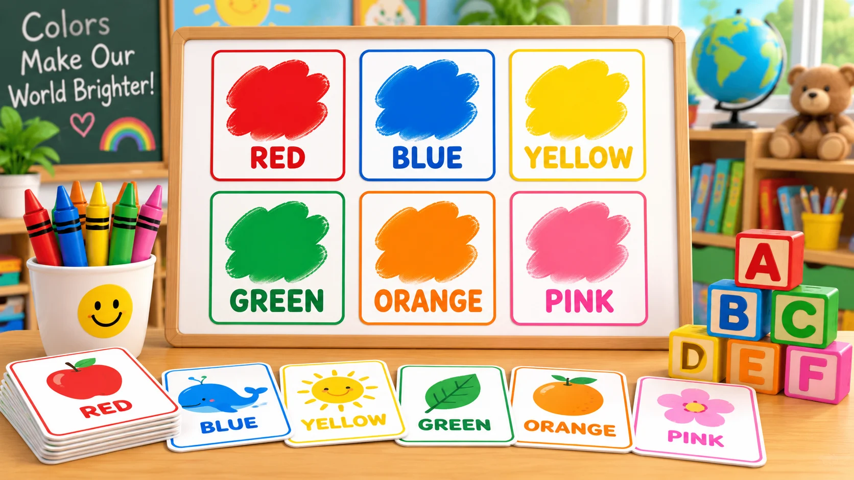 Color names and spelling chart with red, blue, yellow, green, orange and pink