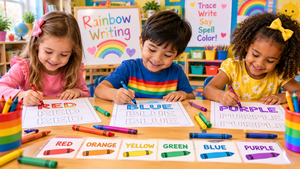 Kindergarten children practicing color word spelling with rainbow writing worksheets