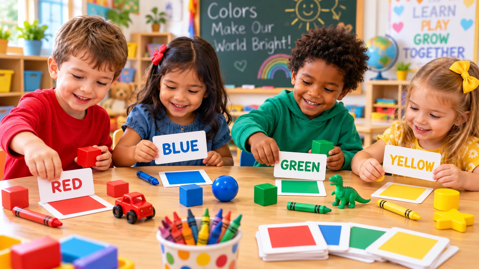 Kindergarten students matching colored objects with printed color word cards