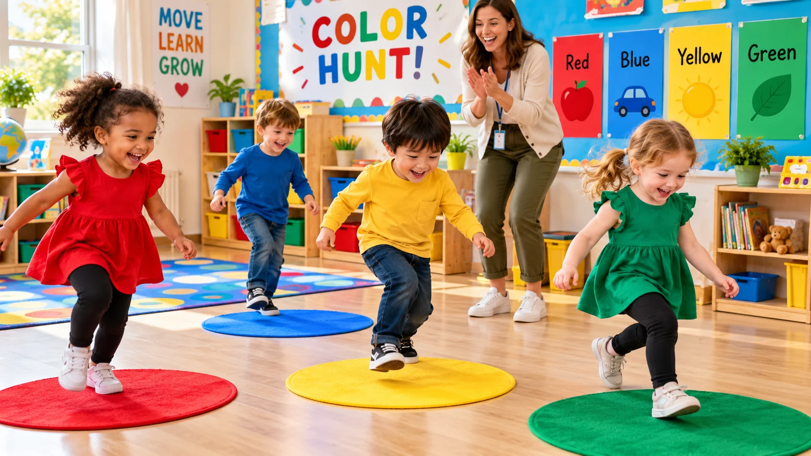 Kindergarten children playing a colorful movement and color hunt game