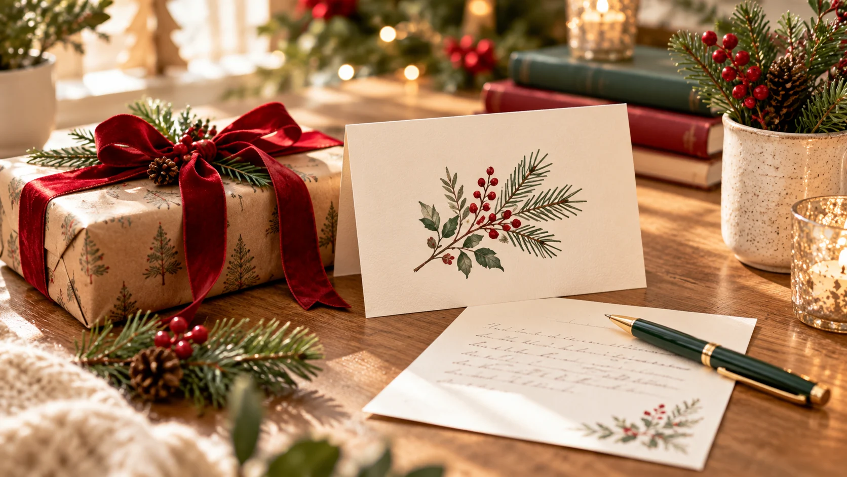 Personalized Christmas teacher gifts including a decorated tote bag, notebook, tumbler and stationery