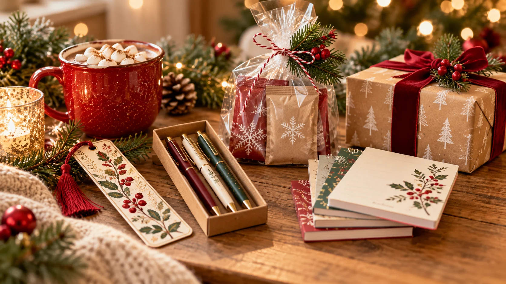 Affordable Christmas gifts for teachers including bookmarks, pens, hot cocoa, small notebooks and wrapped presents