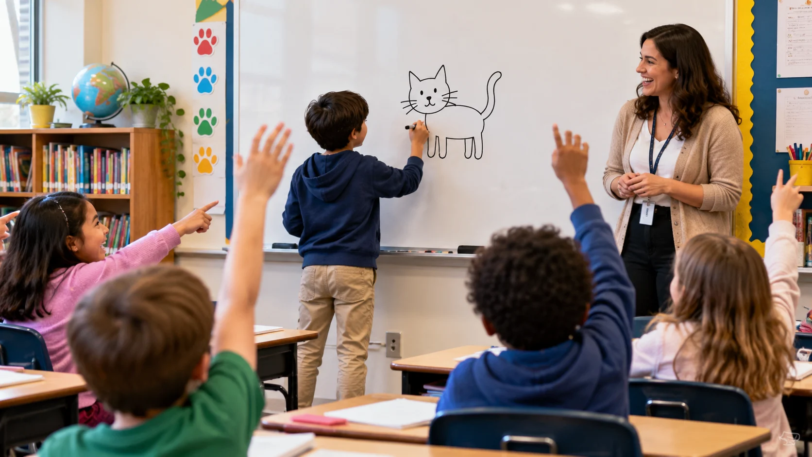 Student drawing on a whiteboard while classmates guess during Classroom Pictionary