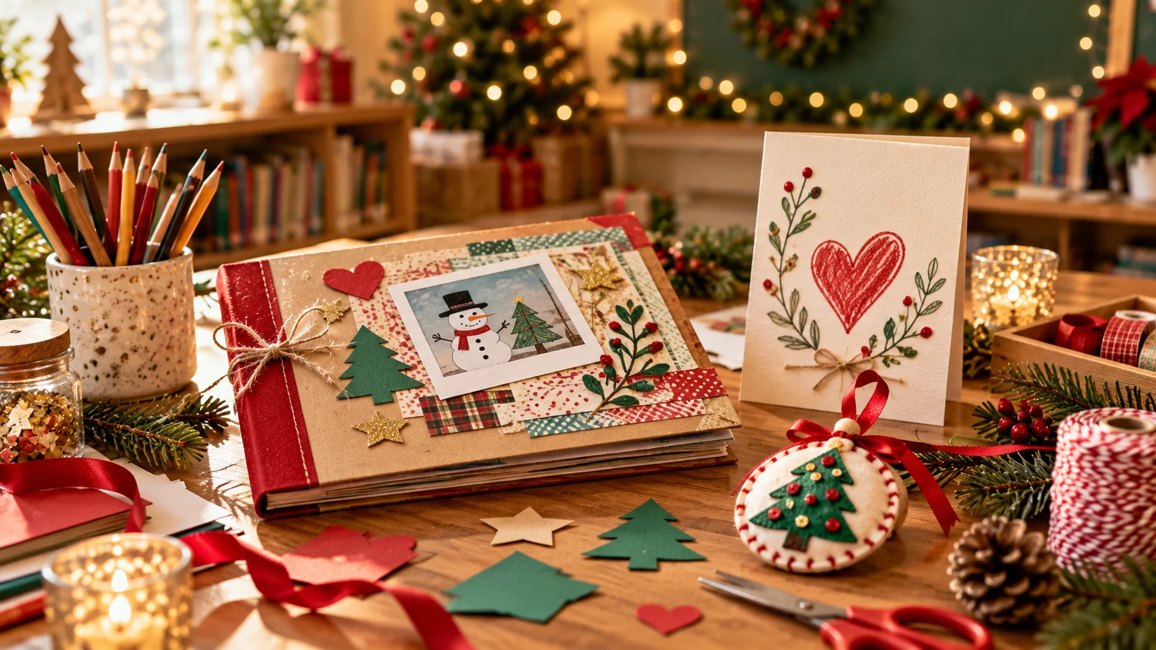 Handmade DIY Christmas gifts for teachers including a student scrapbook, greeting cards and a decorated ornament