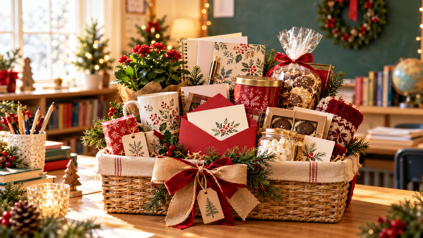 Christmas teacher appreciation group gift basket with stationery, treats, cards and festive decorations