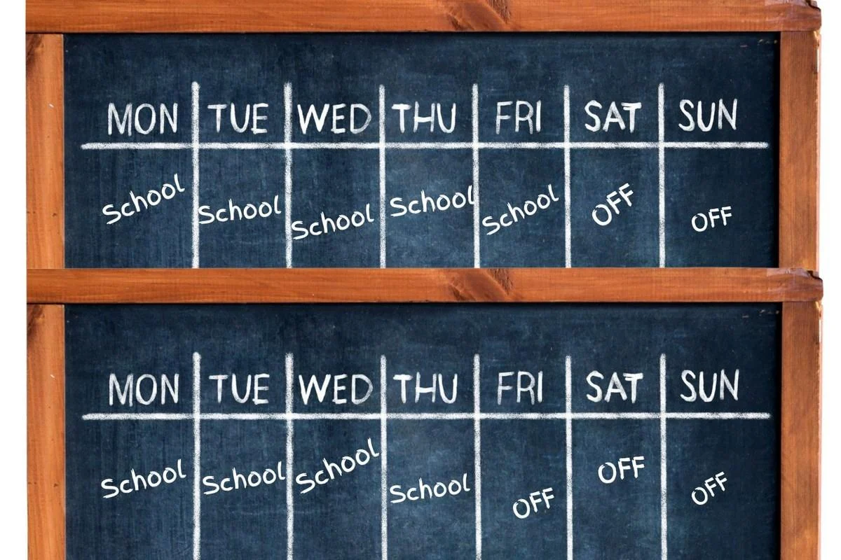 Four-day school week calendar showing four school days and an additional weekday off