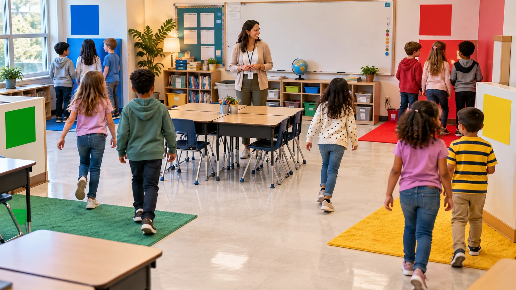 Elementary students participating in a Four Corners classroom game