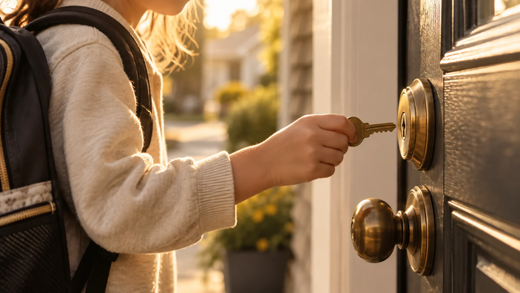 Close-up of a school-age child holding a brass latchkey beside a front door