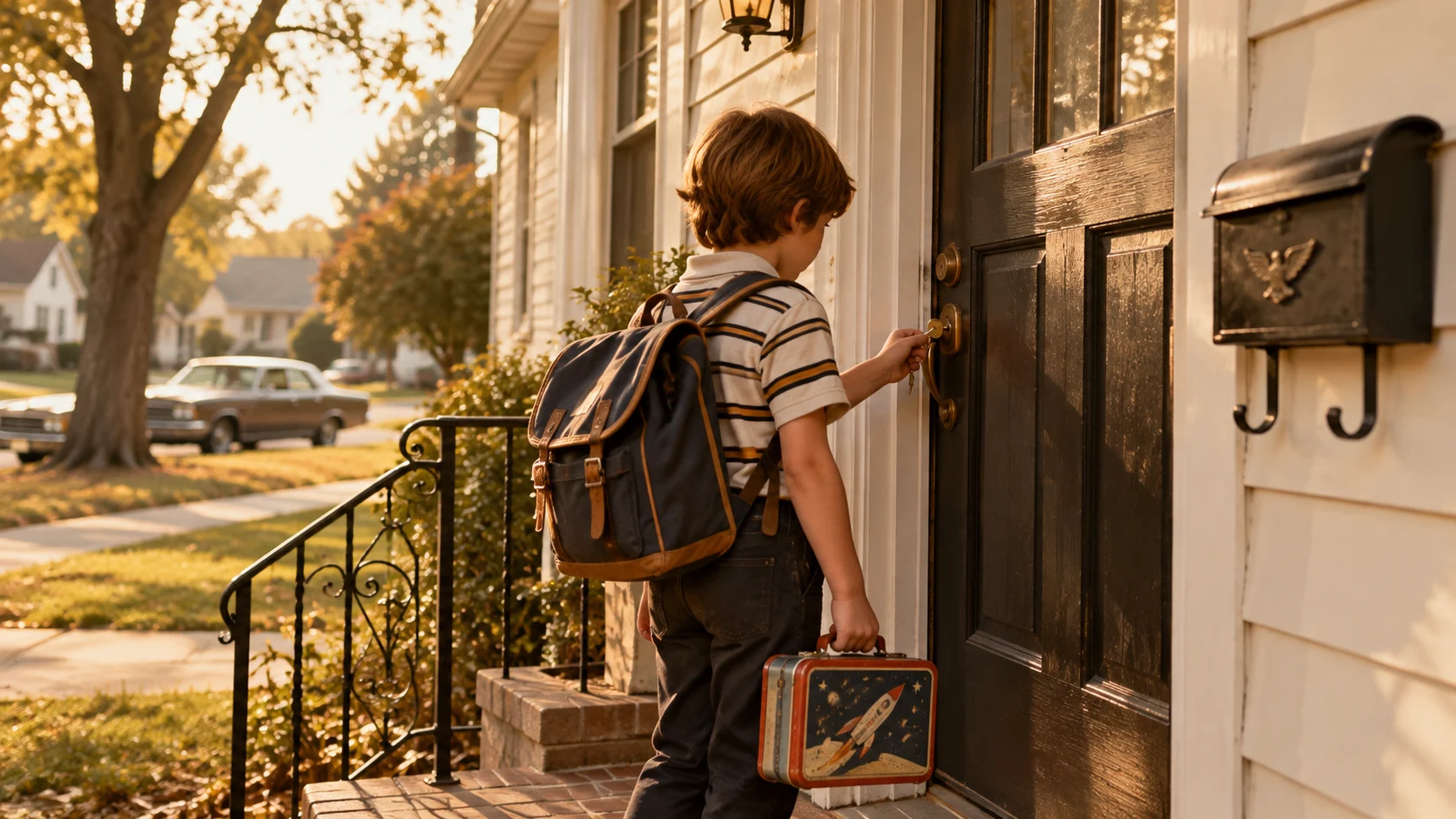 Historical 20th-century American childhood scene representing changing latchkey family routines