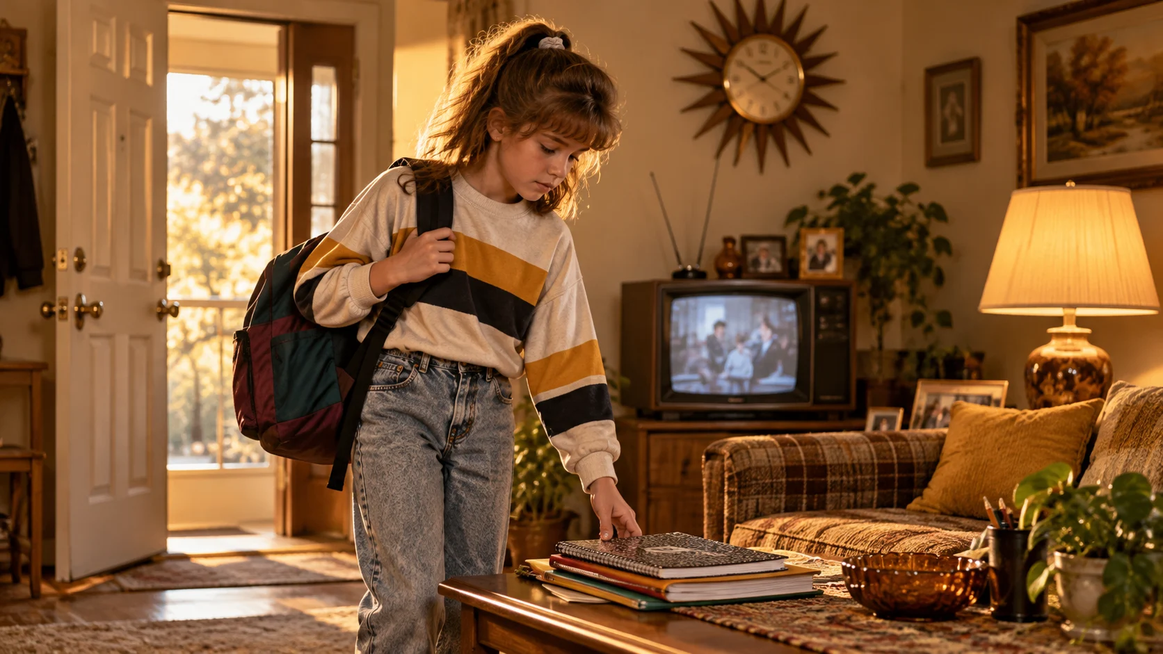 Nostalgic 1980s American childhood scene showing a schoolboy returning home with his backpack