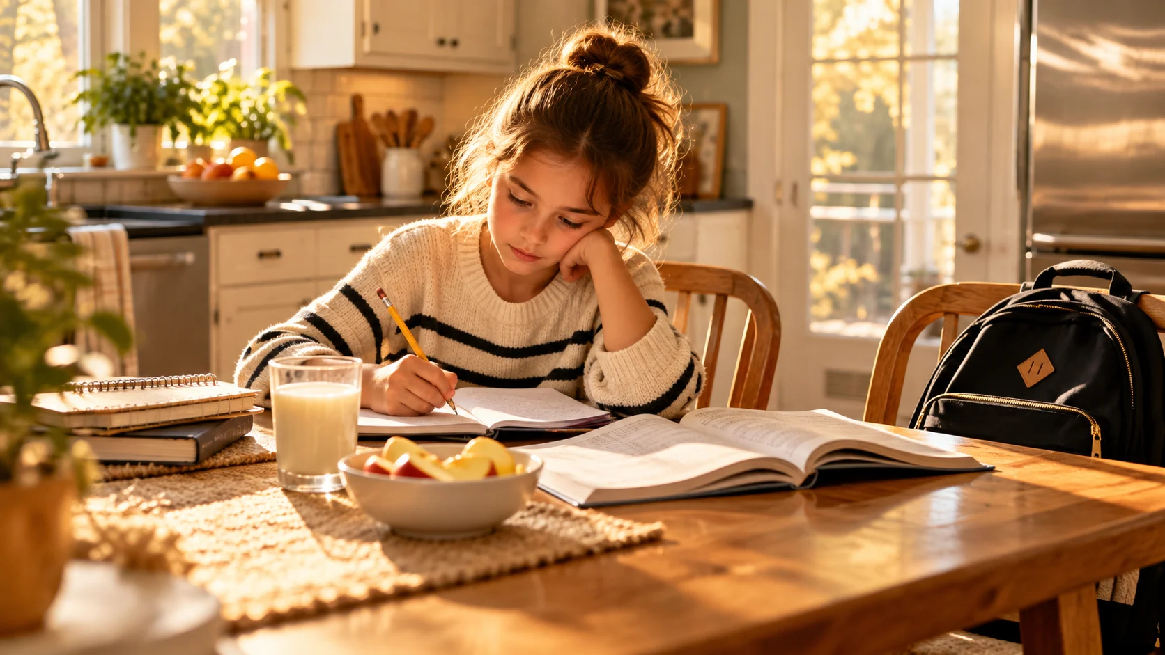 School-age child doing homework with an afternoon snack in a quiet family kitchen