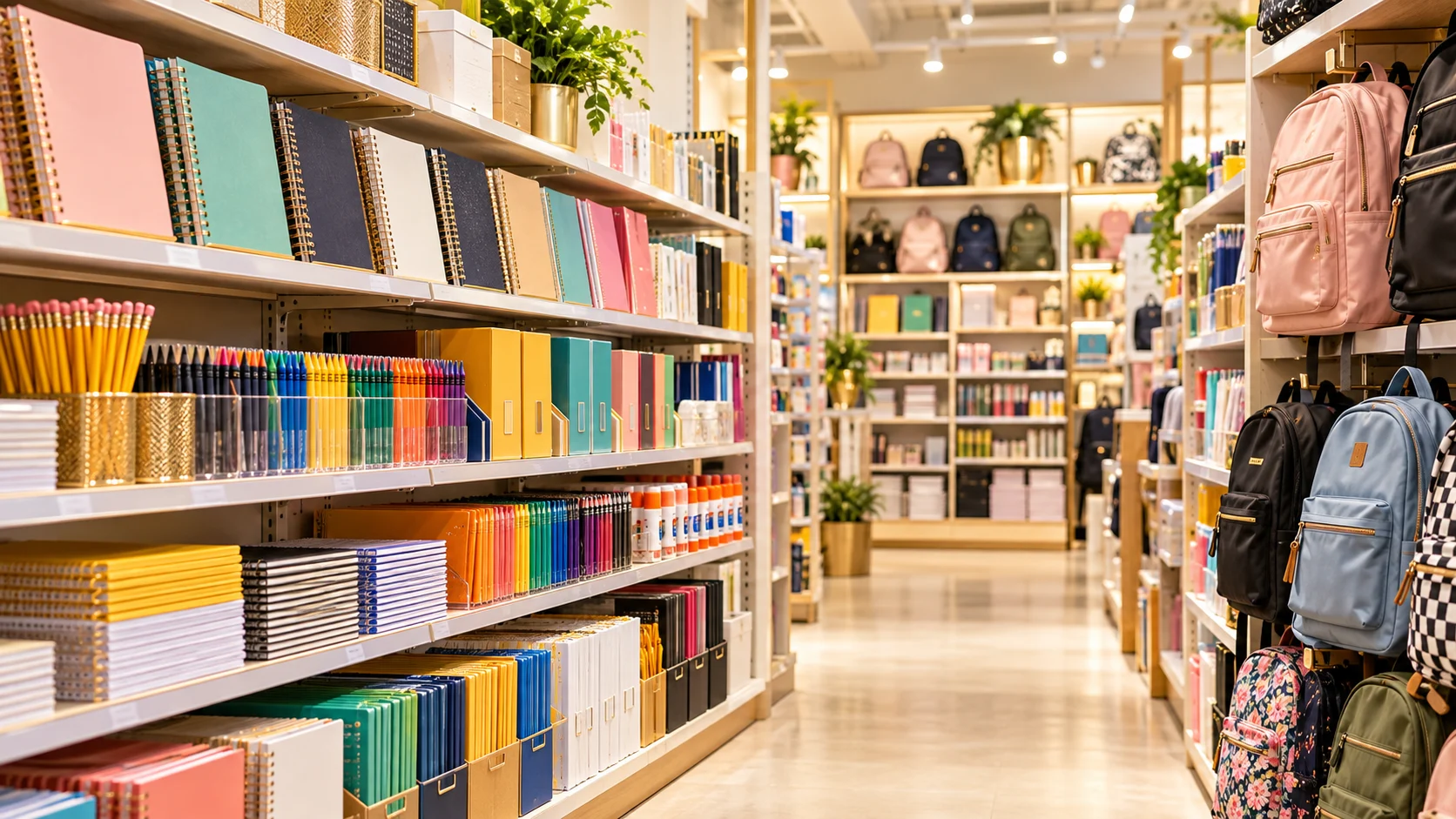 Affordable school supplies displayed in a store aisle with notebooks, pencils, crayons, folders and backpacks