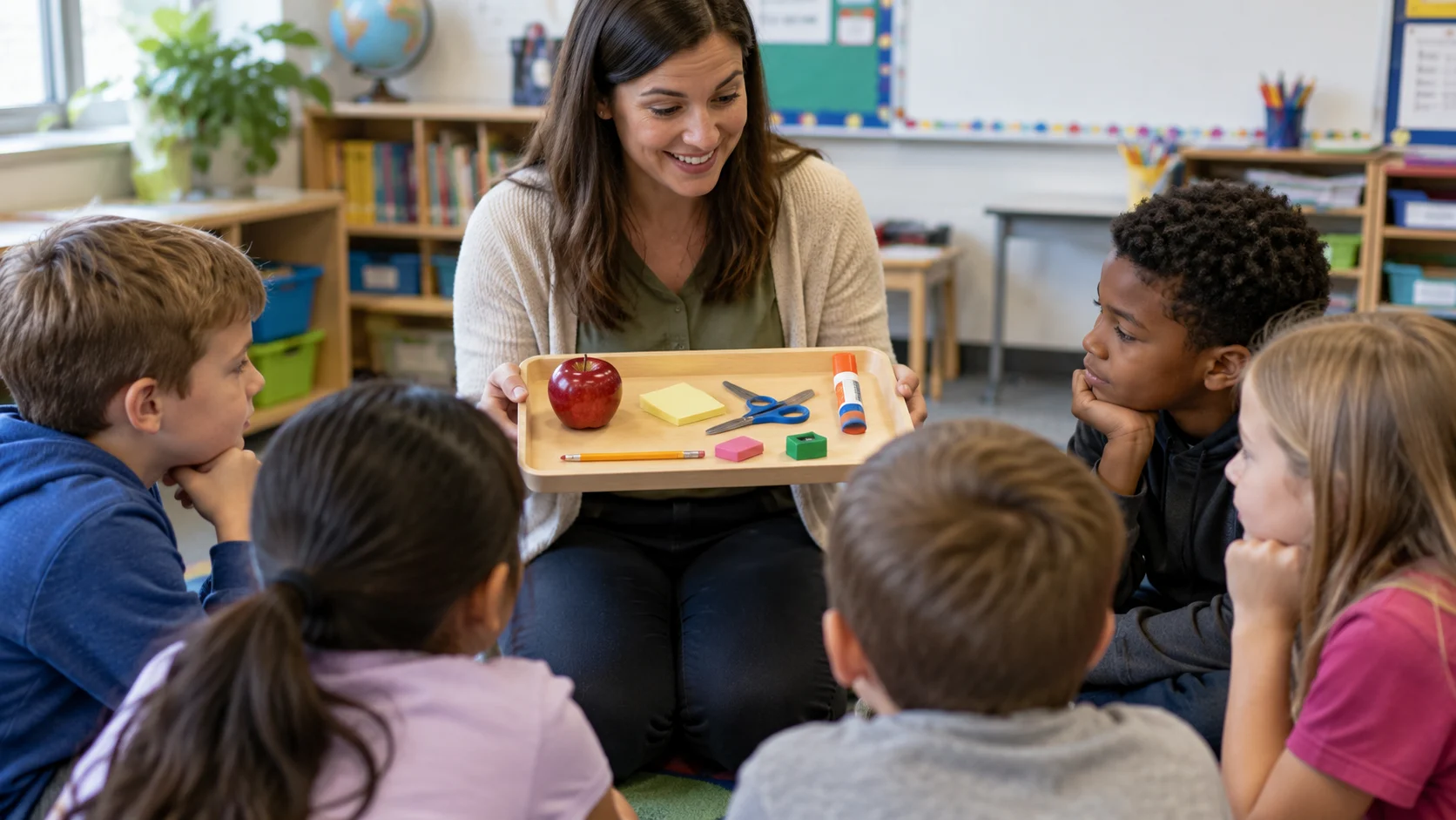Teacher showing classroom objects on a memory tray to elementary students