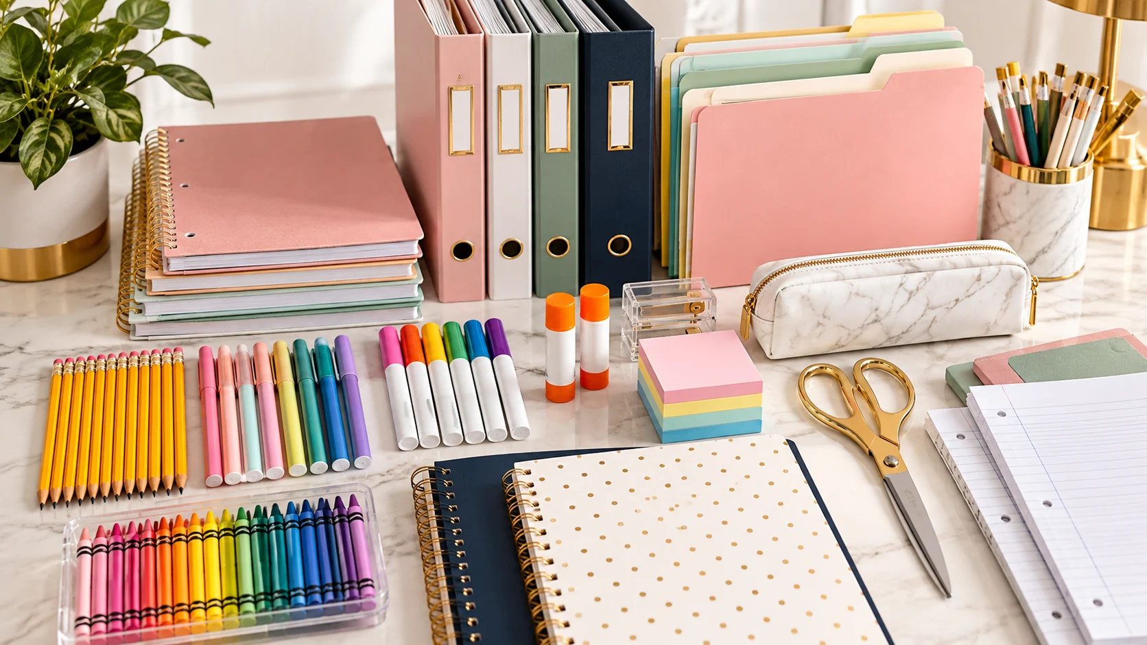 Organized school supplies including notebooks, binders, pencils, markers, glue sticks and folders