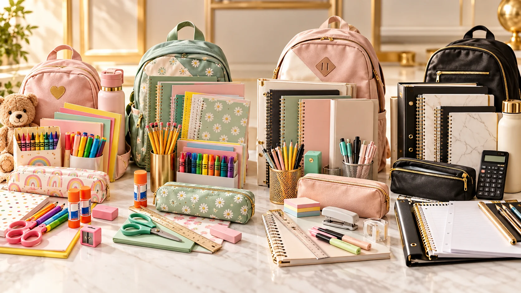 Mother calculating school supply expenses at a kitchen table with notebooks and a calculator
