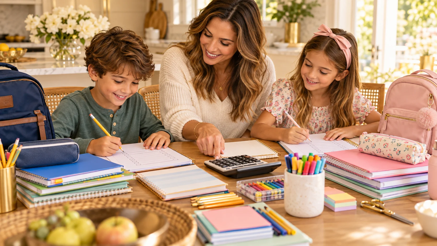 Mother helping two school-age children organize school supply lists, notebooks and shopping budgets