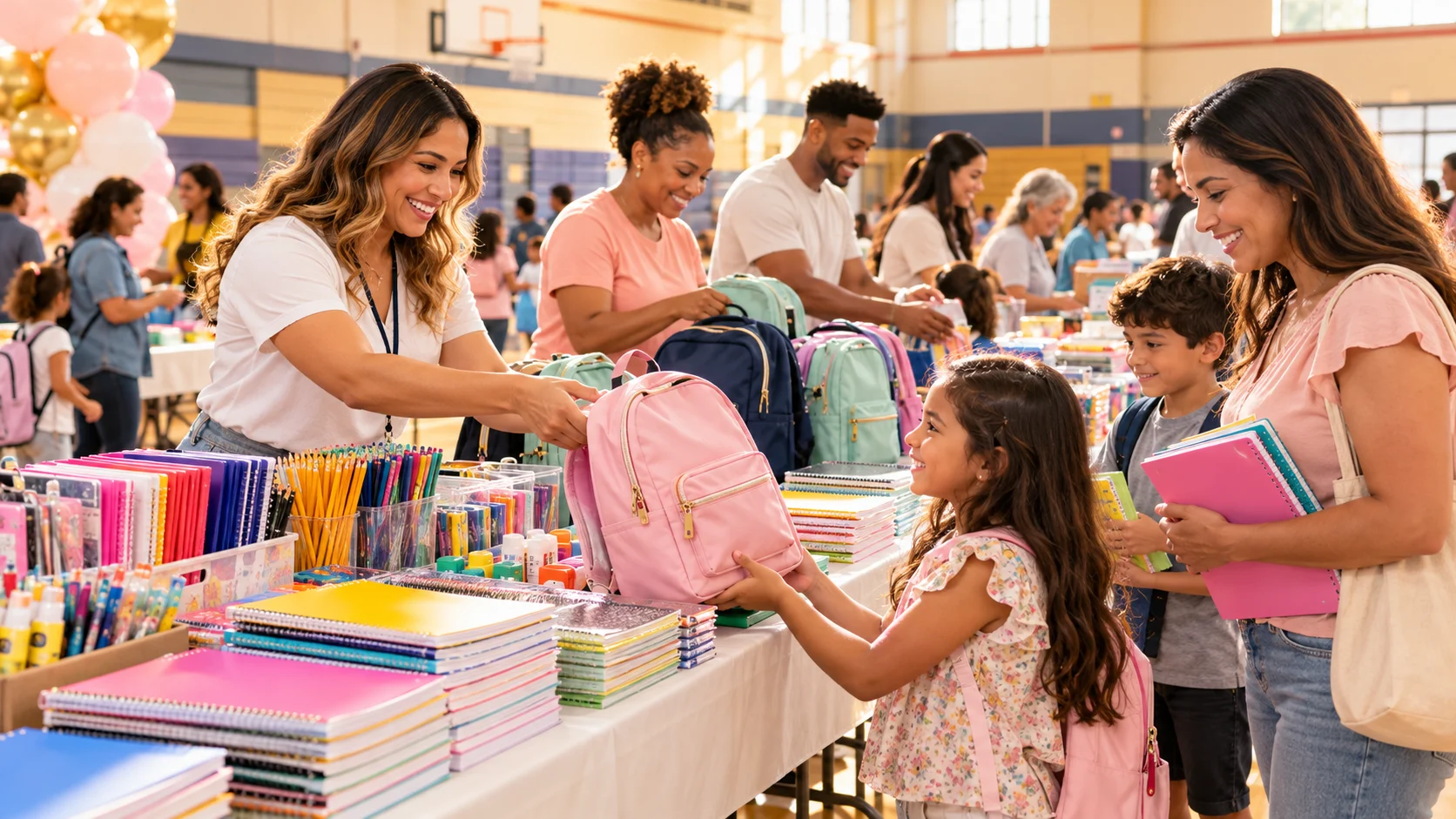 Community volunteers distributing free backpacks, notebooks and school supplies to families