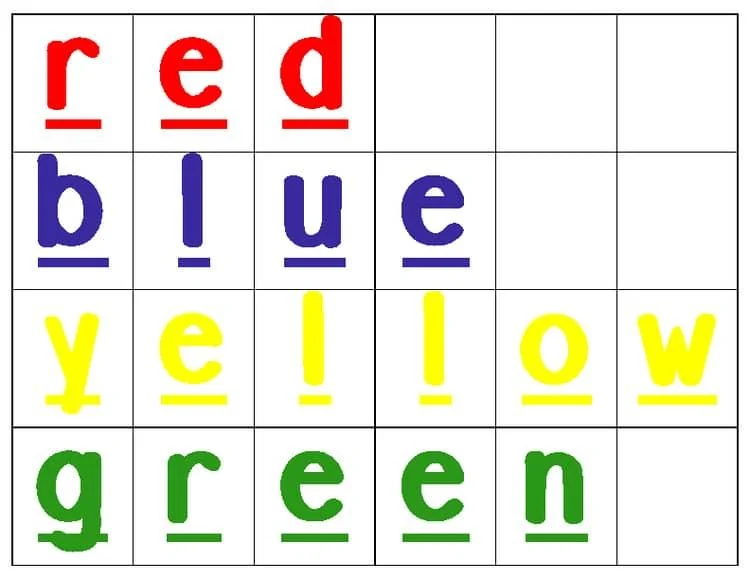 Kindergarten color spelling chart educational illustration
