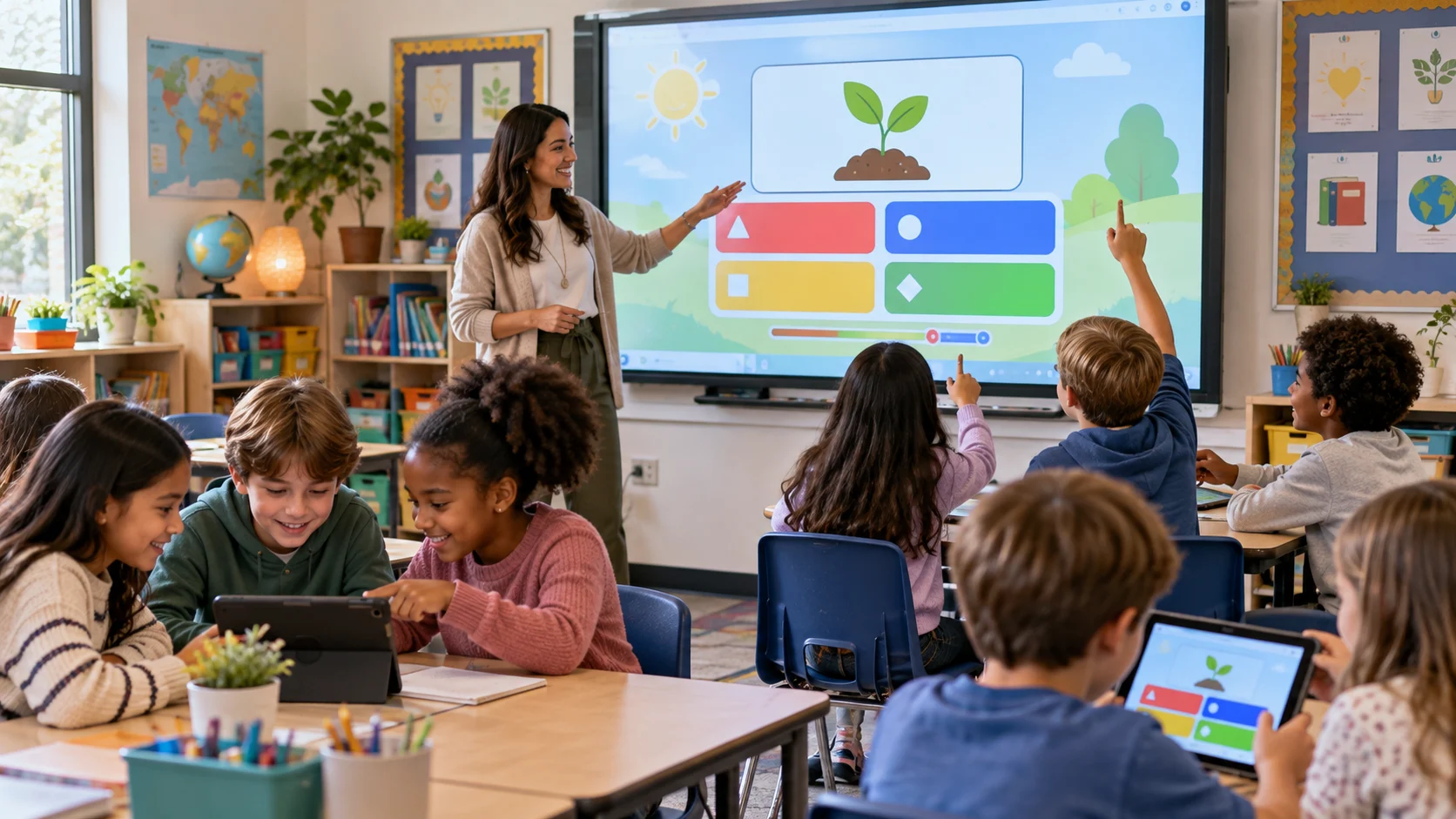 Teacher and elementary students participating in an interactive classroom quiz using a smartboard