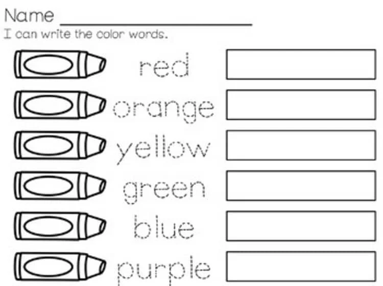 Kindergarten color word tracing and spelling worksheet activity