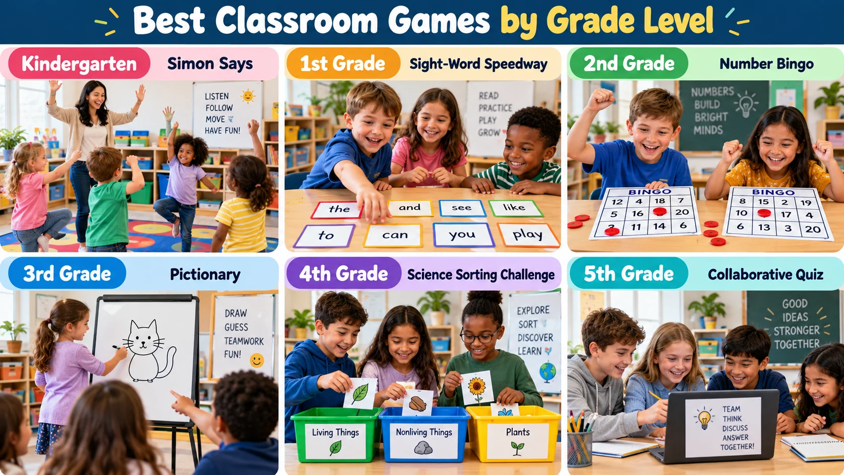 Visual guide showing suitable classroom games for kindergarten through fifth grade