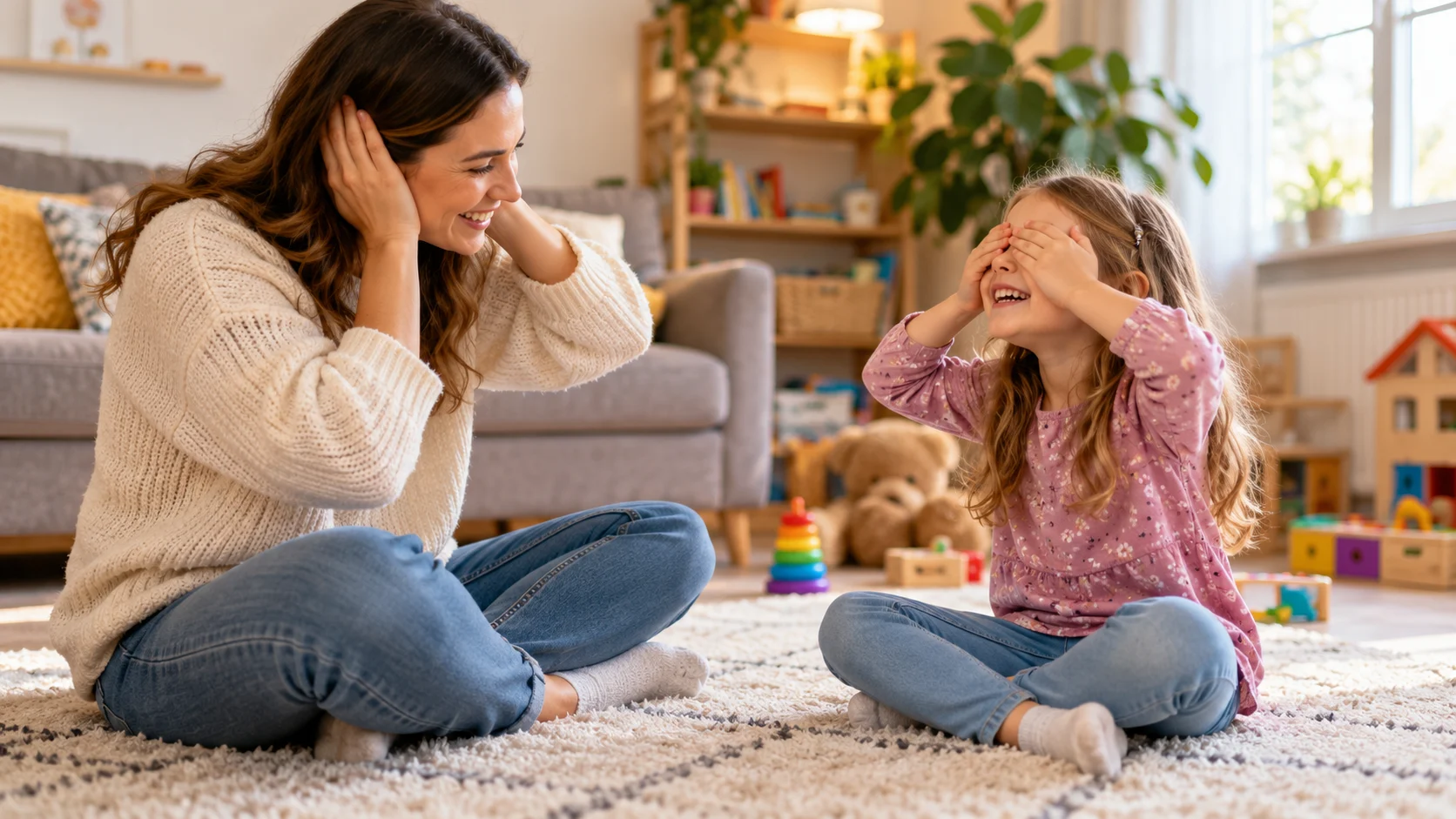 Parent and kindergartener enjoying a simple no-prep guessing game at home
